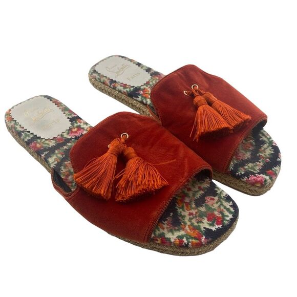 Christian Louboutin 40 Pacha Tassel Velvet Espadrille Slide Sandal Burnt Orange - Picture 5 of 9